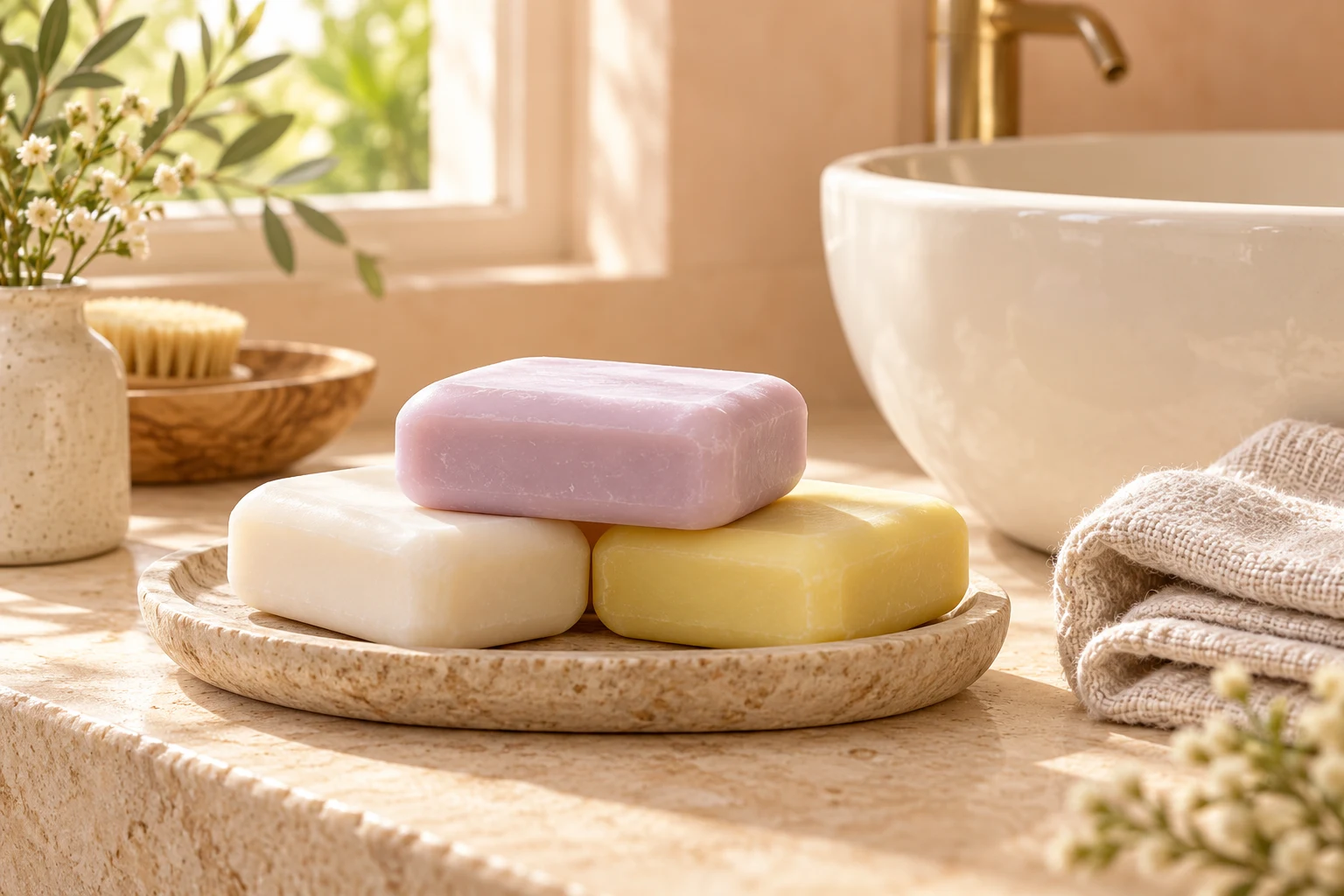 Cleansing bars beside a basin and folded linen